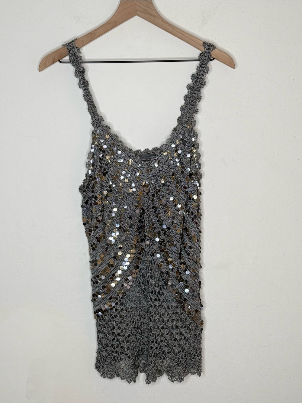 Bracha Gray Sequin Crochet Tank Top Size L NWT Y2K Boho Festival Glam Shine